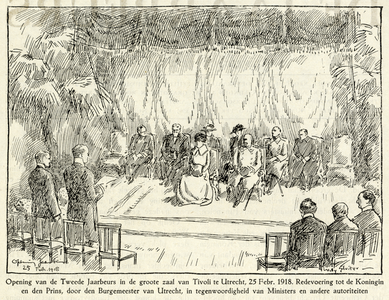 818007 Afbeelding van Koningin Wilhelmina en Prins Hendrik onder een baldakijn in de grote zaal van het Gebouw Tivoli ...